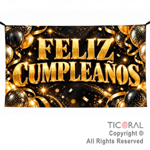 BANNER FELIZ CUMPLEA�OS NEGRO Y ORO 1,80 X 1,20 MTS